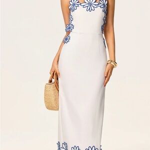 Commense White Maxi Dress with Blue Floral Appliqué